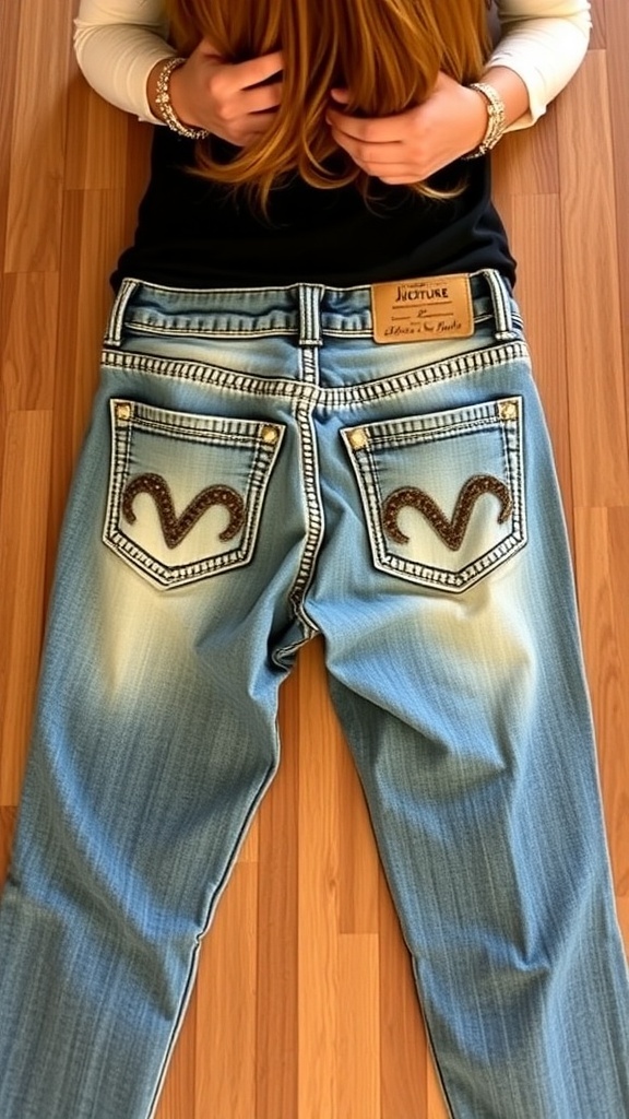 Juicy Couture Denim Jeans Guide A fashionable pair of Juicy Couture jeans with logo detail on the back pocket, styled with a top and accessories.